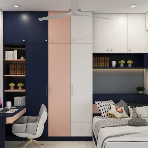 Render of a compact bedroom in navy, blush and white where the wardrobe, a backlit book niche