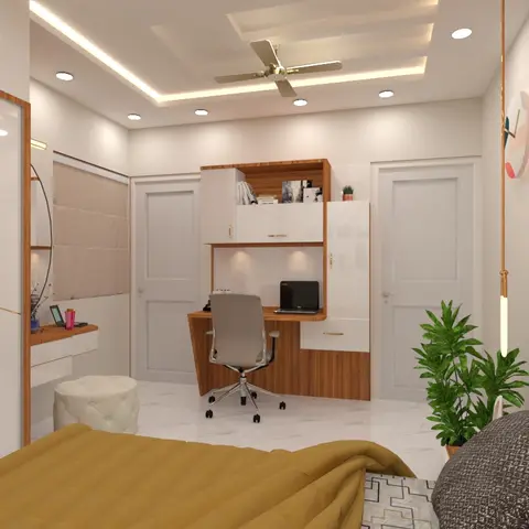 Render of a compact bedroom where a walnut-and-white study unit with overhead shutters sits between two panelled doors