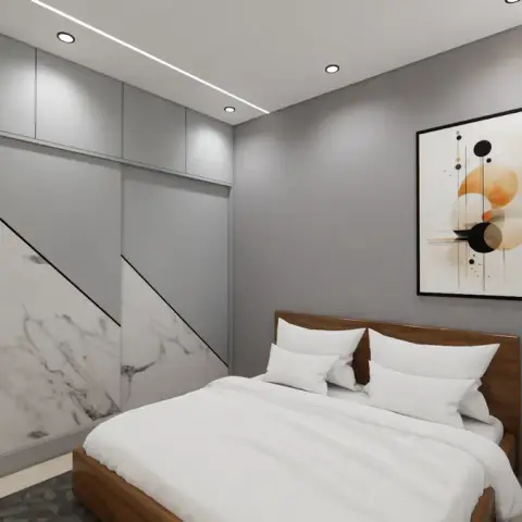 Render of a compact bedroom where a grey sliding wardrobe is split by a diagonal marble-look inlay, a walnut-headboard bed sits under a framed abstract print