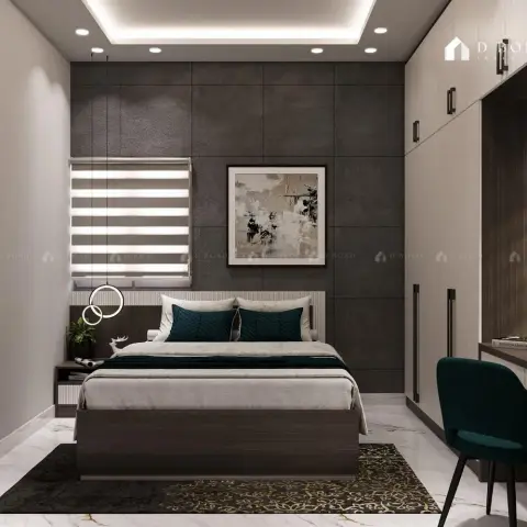 Render of a compact bedroom with a dark grey stone-tile headboard wall, twin ring pendants dropped over one nightstand, teal bolsters and a teal desk chair