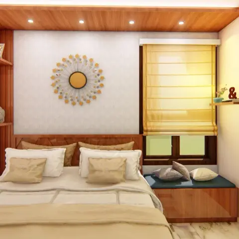 Render of a compact bedroom with a teak-planked ceiling raft, a gold sunburst mirror over a woven-panel headboard