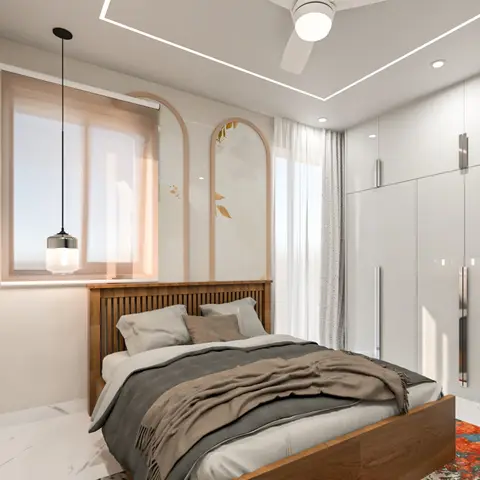 Render of a compact bedroom with a teak slat-back bed under two arched panels painted with gold leaf sprigs