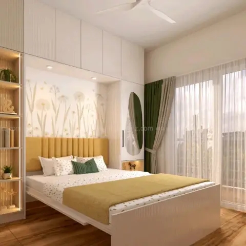Render of a compact bedroom wrapped in cream fluted joinery — loft shutters carried over the bed head, a lit open display column on the left