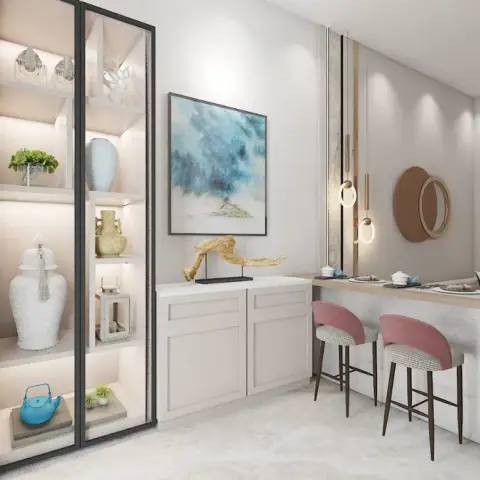 Render of a compact breakfast counter in stone and oak with two blush bar stools, beside a black-framed glass display cabinet holding a teal teapot and ginger