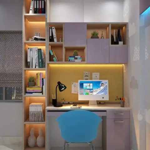Render of a compact built-in study nook with lilac gloss shutters, a mustard pinboard behind the desk