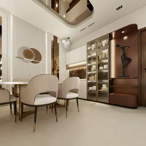 Render of a compact dining nook with a round marble-top table and four cream tub chairs on brass-tipped legs against a white fluted wall hung with overlapping