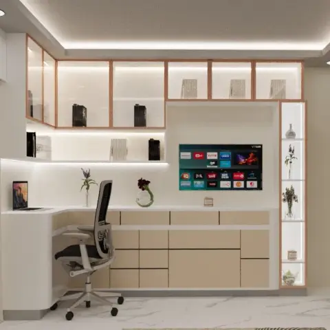 Render of a compact home study with a curved-end white desk running into a beige laminate drawer bank