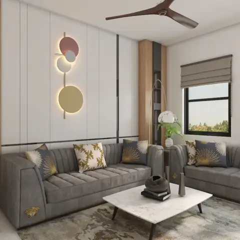 Render of a compact living room with two grey channel-tufted sofas facing across a white marble coffee table