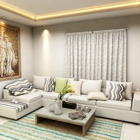 Render of a compact living room with a framed Radha-Krishna painting over an ivory L-shaped sofa dressed in wavy-stripe cushions