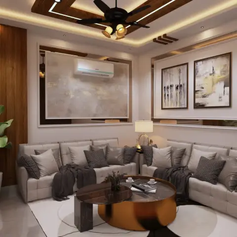 Render of a compact living room where an L-shaped ivory leather sofa wraps a copper-drum and black-marble coffee table