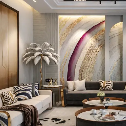 Render of a compact luxury sitting room where a cream sofa faces a grey velvet one across nesting round marble tables