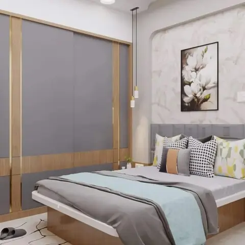 Render of a compact master bedroom with a grey-and-gold sliding wardrobe wall, an arched floral mural niche above the upholstered headboard