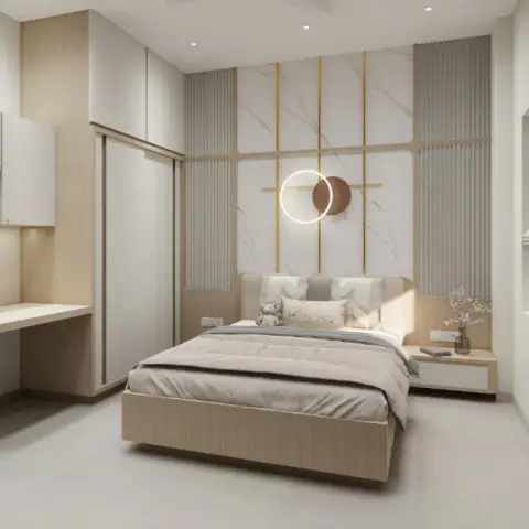 Render of a compact oak-and-beige bedroom where a brass grid with a lit ring and bronze disc sits on a marble-look headboard panel between two grey fluted