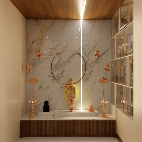 Render of a compact pooja room where a white-and-grey marble backdrop is split by a full-height LED slot