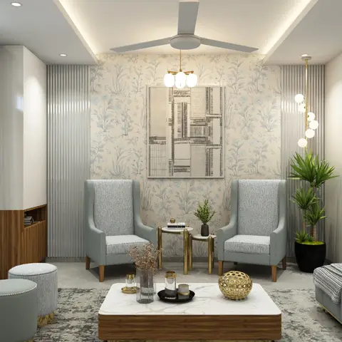 Render of a compact sitting area with two sage high-back wing chairs on a pale blue floral wallpaper wall