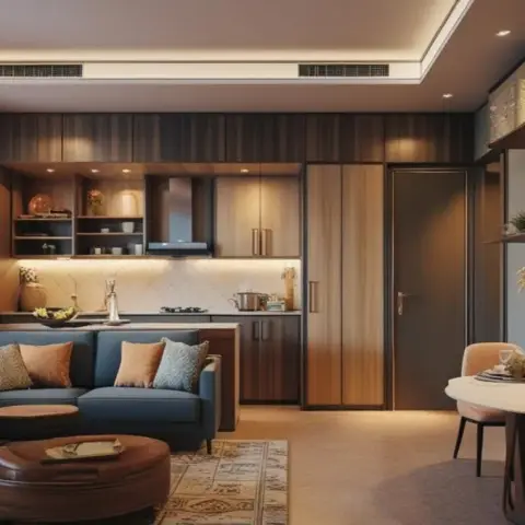 Render of a compact studio where a walnut-panelled kitchen run, a blue sofa on a Persian rug and a two-seat round dining table all share one open floor