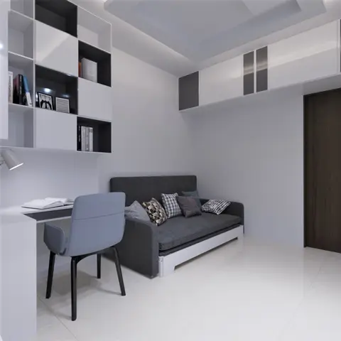 Render of a compact study where a white wall-hung desk runs under an asymmetric white-and-charcoal grid bookshelf