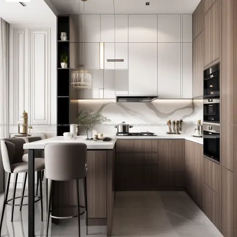 Render of a compact U-kitchen with white gloss uppers over wood-grain lowers, a book-matched grey-veined stone backsplash behind the hob