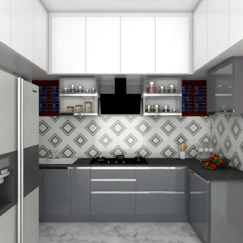 Render of a compact U-shaped kitchen in grey high-gloss shutters under white loft units, with a black granite counter and a bold grey diamond-motif dado
