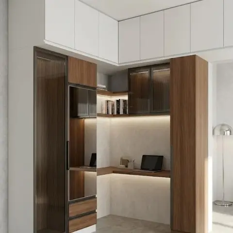 Render of a corner home-study nook where an L-shaped walnut desk for two runs under a backlit book ledge