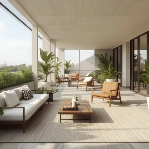 Render of a covered balcony lounge with a teak-frame outdoor sofa and armchairs, a woven rug and large potted plants along a glass railing.