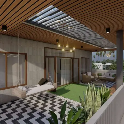 Render of a covered home terrace: timber-slat pergola over a rope-hung swing daybed