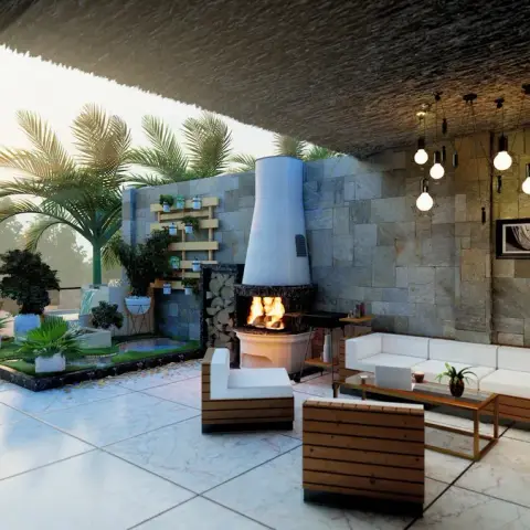 Render of a covered rooftop terrace with a conical white wood-burning fireplace against split-face stone cladding, slatted teak sofas with white cushions