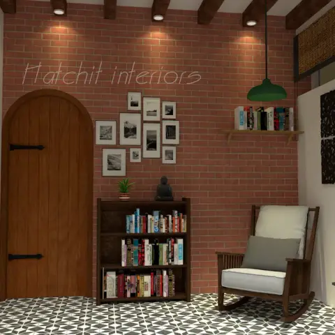 Render of a cozy reading nook with an exposed brick wall, arched wood door, gallery wall of framed photos, a wood bookshelf