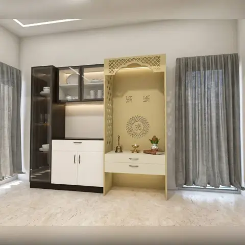 Render of a cream-and-gold pooja unit with a CNC-cut jaali arch valance and matching side screen
