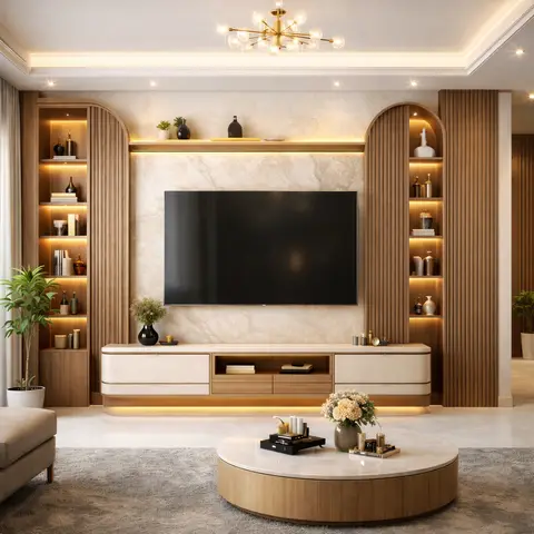 Render of a cream-and-oak living room TV wall flanked by two arched, strip-lit display niches, a beige marble slab behind the screen