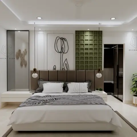 Render of a cream bedroom where a cluster of laser-cut hexagonal wood panels floats on the left wall