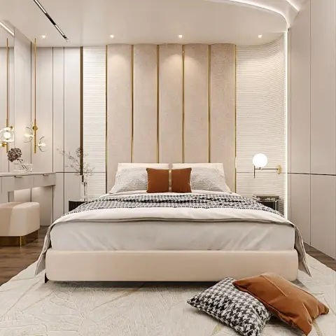 Render of a cream bedroom where a ribbon-like curved cove ceiling sweeps over a full-height fluted headboard wall with brass inlay strips