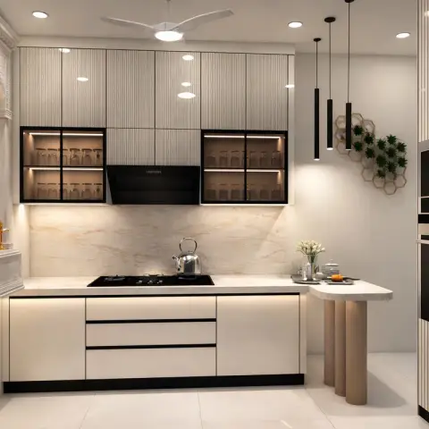 Render of a cream fluted-shutter kitchen with a carved white marble pooja niche built into the left wall