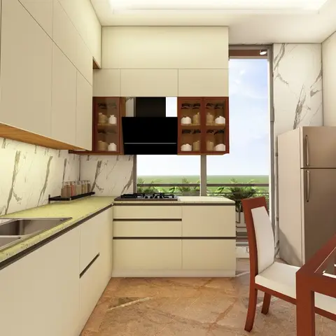 Render of a cream L-shaped kitchen with a speckled green stone counter, a Statuario marble dado