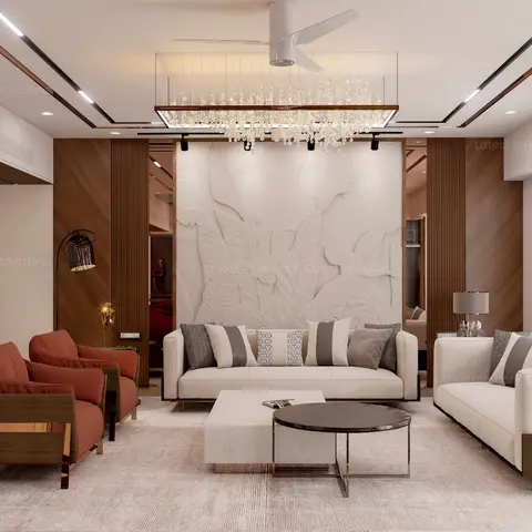 Render of a cream living room where a sculpted banana-leaf plaster relief fills the sofa wall, flanked by fluted walnut panels