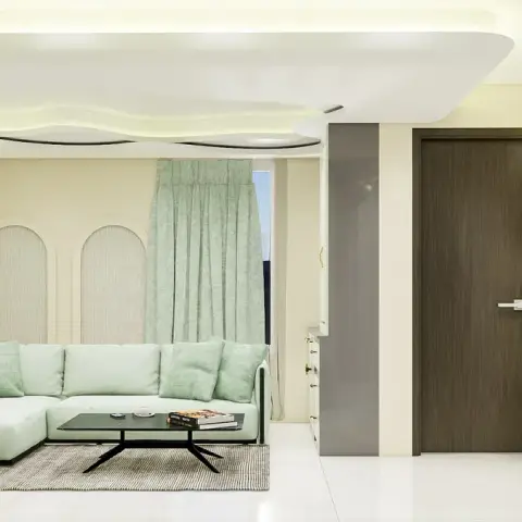 Render of a cream living room where a mint-green L-shaped sofa sits under a wave-edged multi-level POP ceiling