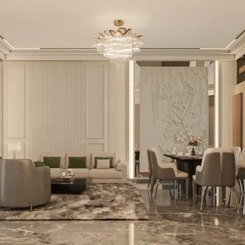 Render of a cream living room with olive cushions on a tufted sectional, a grey barrel chair on a shaggy fur rug