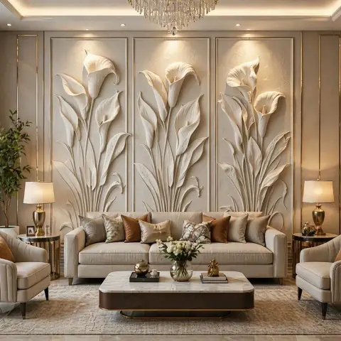 Render of a cream living room dominated by a three-bay sculpted calla-lily relief wall behind a beige sofa, flanked by brass urn lamps