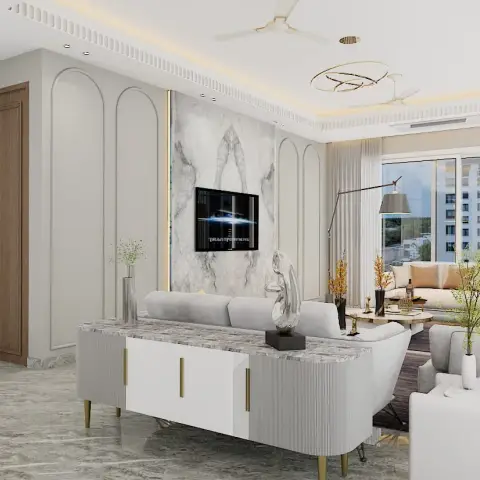 Render of a cream living room with arched applied mouldings, a book-matched marble TV panel