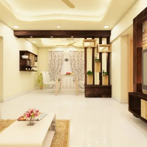 Render of a cream living room with the TV on a stacked-stone clad panel above a wenge-and-maple console, a beige sofa on a gold-bordered rug