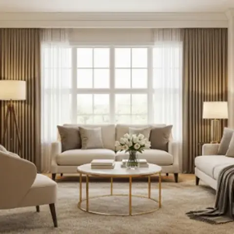 Render of a cream sitting room with a two-seater under a tall white-framed window, a second sofa alongside it