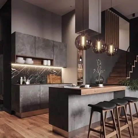 Render of a dark kitchen in concrete-effect shutters, with a white-veined black marble splashback lit by an LED strip