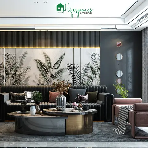 Render of a dark living room where a banana-leaf mural sits between vertical brass reveals behind a channel-tufted charcoal velvet sofa