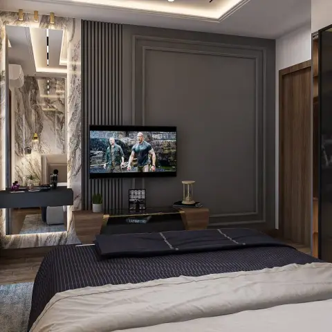 Render of a dark moulded-panel bedroom wall with a fluted TV console, opening to a marble-clad dressing nook with a full-length mirror.