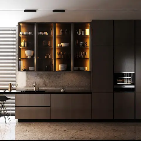 Render of a dark wenge-toned kitchen with glass-fronted illuminated display cabinets, a stone slab backsplash, a built-in oven, terrazzo flooring