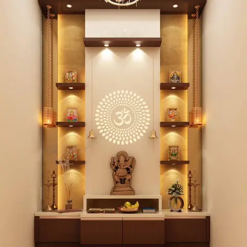 Render of a dedicated pooja room with a backlit Om medallion niche, twin shelving towers for deity frames, hanging brass diyas