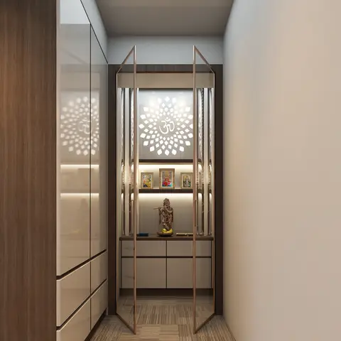 Render of a dedicated pooja room with a backlit Om-motif jaali panel, glass-fronted doors, framed deity pictures