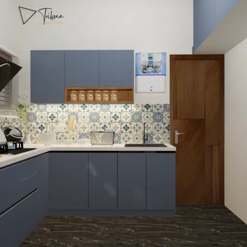 Render of a denim-blue L-shaped kitchen set against a blue-and-white patterned Moroccan dado, with a slim teak spice shelf under the wall units