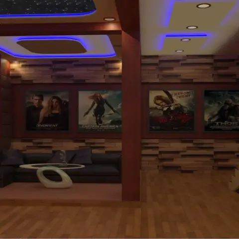 Render of a dim home media lounge: a sunken sofa pit with a ring-shaped coffee table, four framed superhero movie posters on staggered wood cladding
