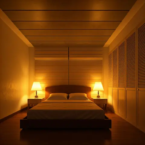 Render of a dimly lit bedroom where two shaded table lamps throw amber pools onto a horizontal slatted headboard wall